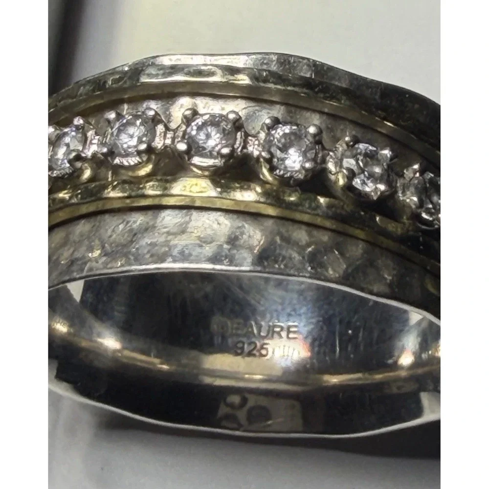 Deaure Sterling Silver 925 Spinner Ring Hammered Mixed Metal CZ Size 10